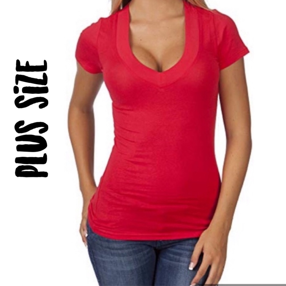 Sexy Red Vneck Short Sleeve Stretchy Tee Shirt Top